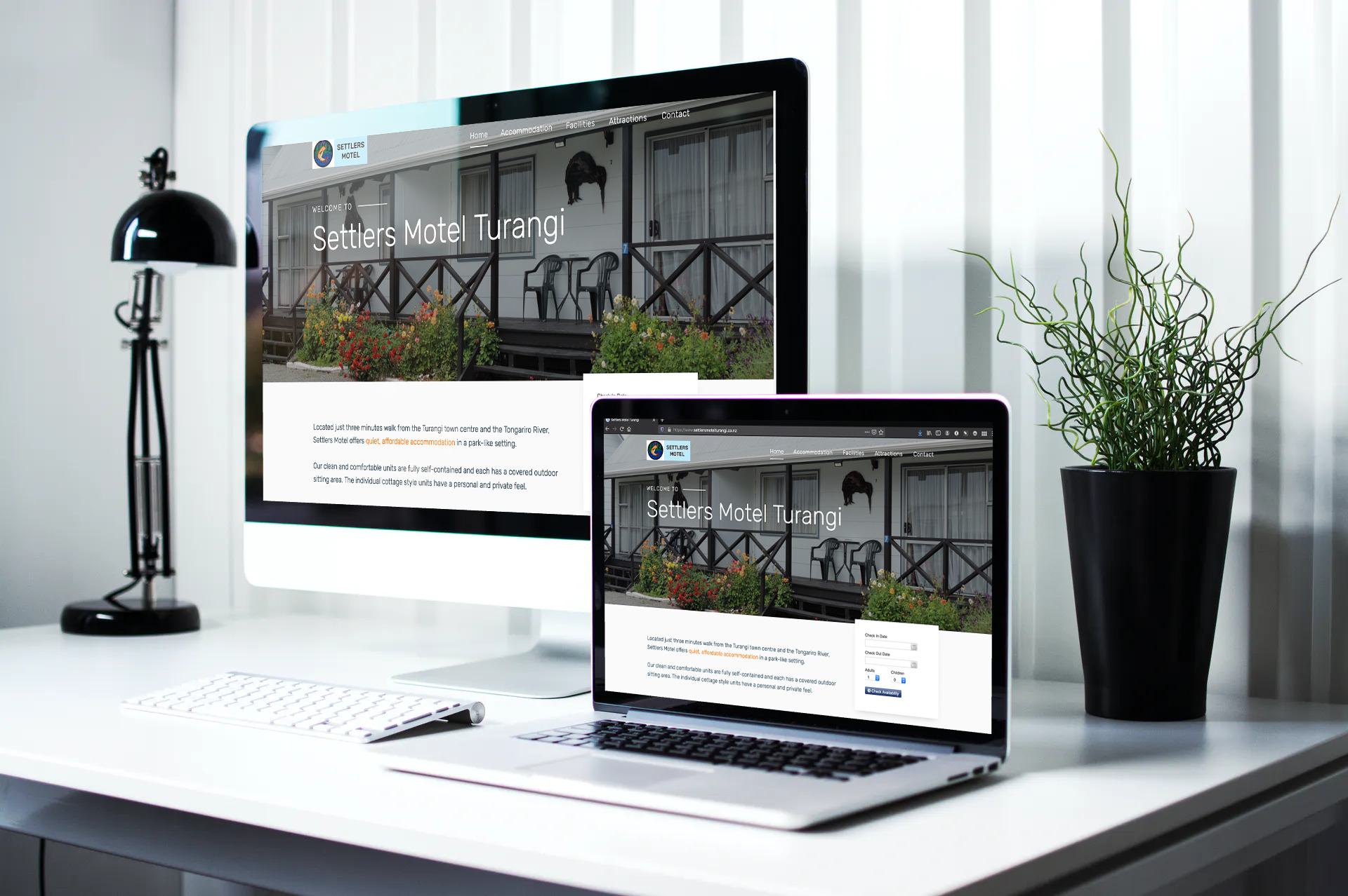 Mockup of the Settlers Motel Turangi website on 2 different devices